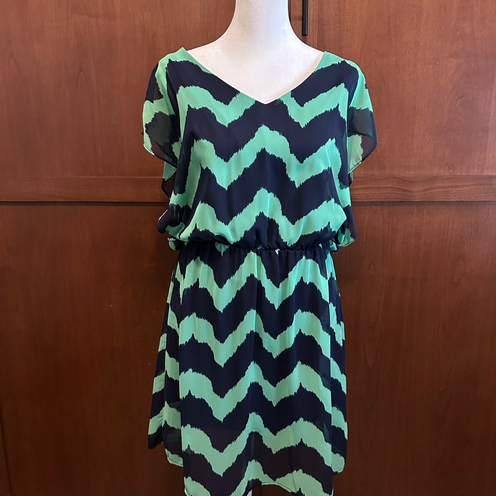 Chevron Patterned Green and Navy Dress Date Night Open Back
